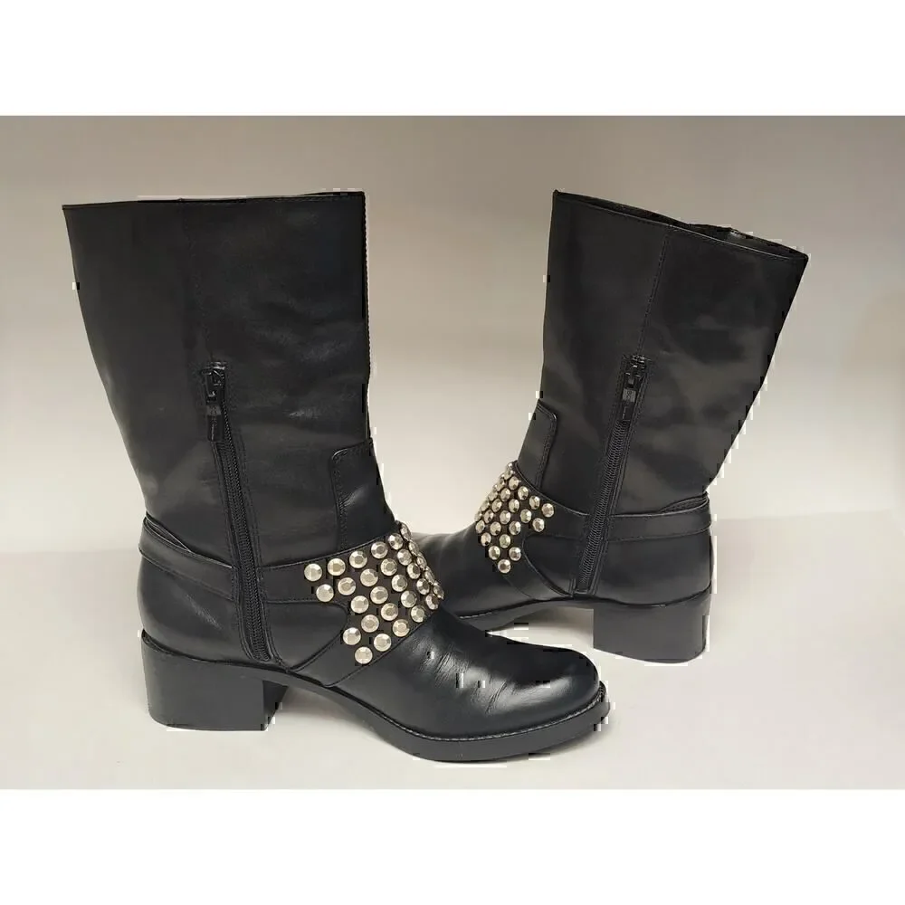 BCBGeneration BC-Halen Black Leather Studded Buckle Boots 7B/37